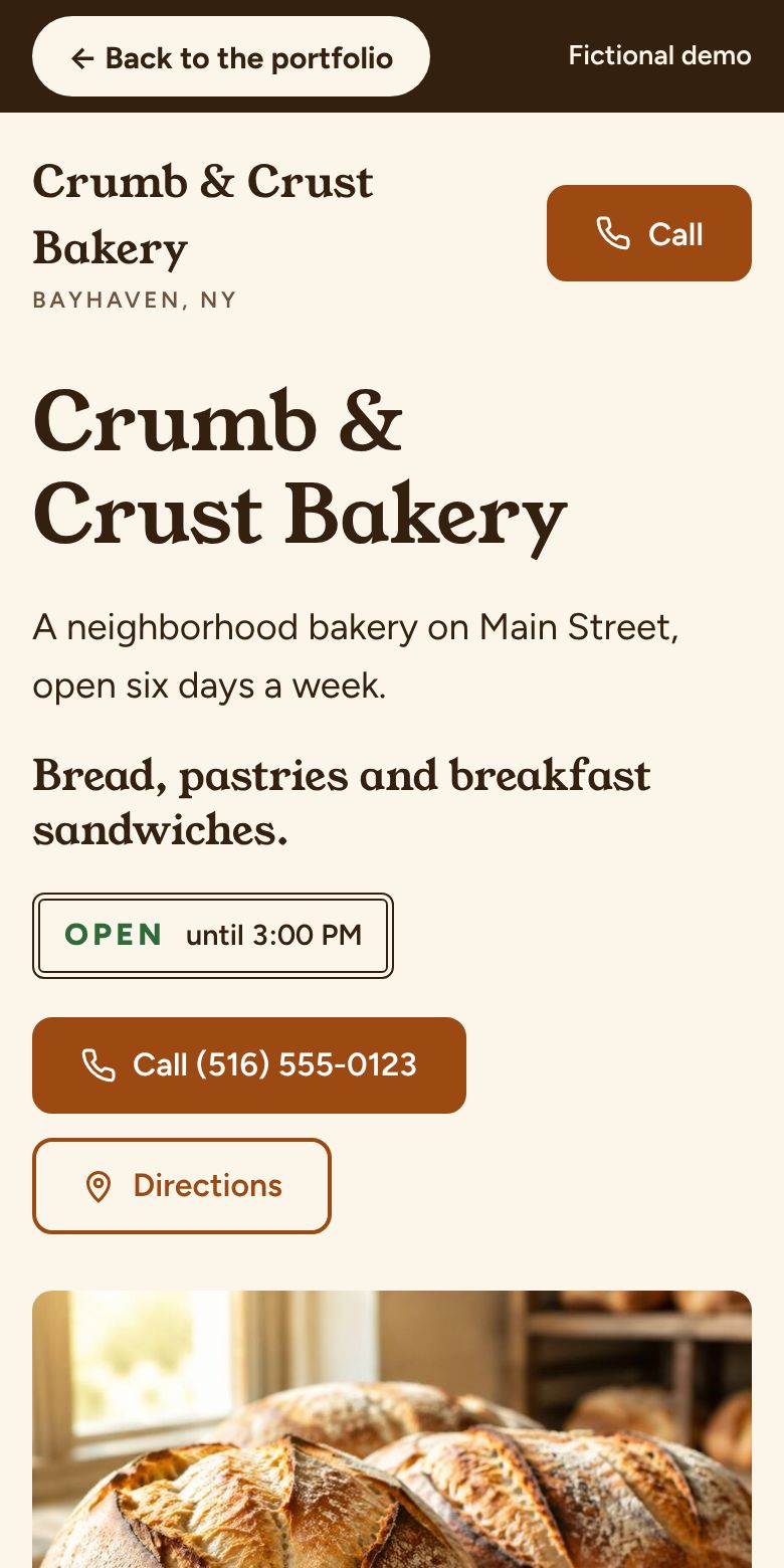 Crumb & Crust Bakery demo site on a phone: bakery name, open-now sign and call button
