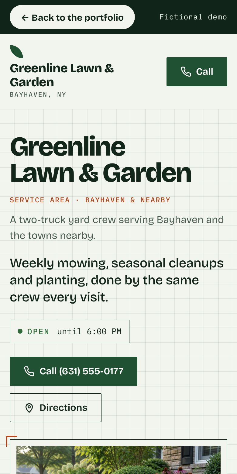 Greenline Lawn & Garden demo site on a phone: business name on graph paper, open-now line and call buttons