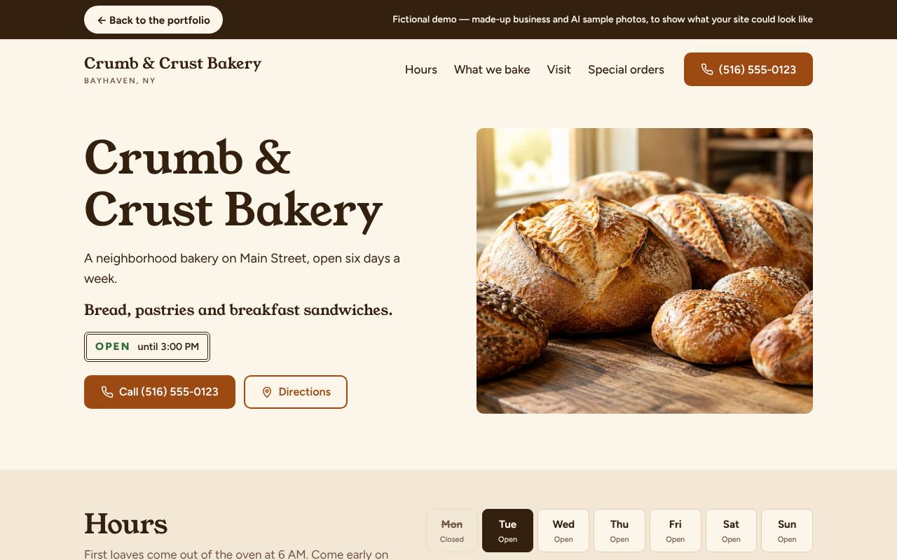 Screenshot of the Crumb & Crust Bakery demo site