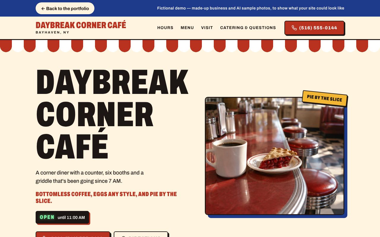 Screenshot of the Daybreak Corner Café demo site