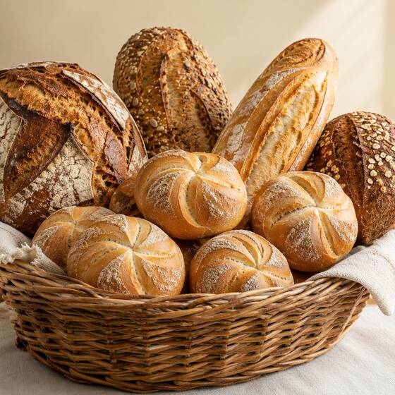 Basket of bread loaves and rolls (sample image)
