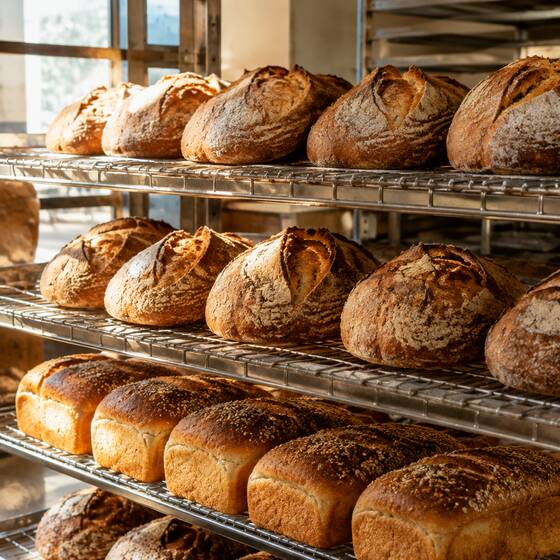 Fresh loaves cooling on racks (sample image)