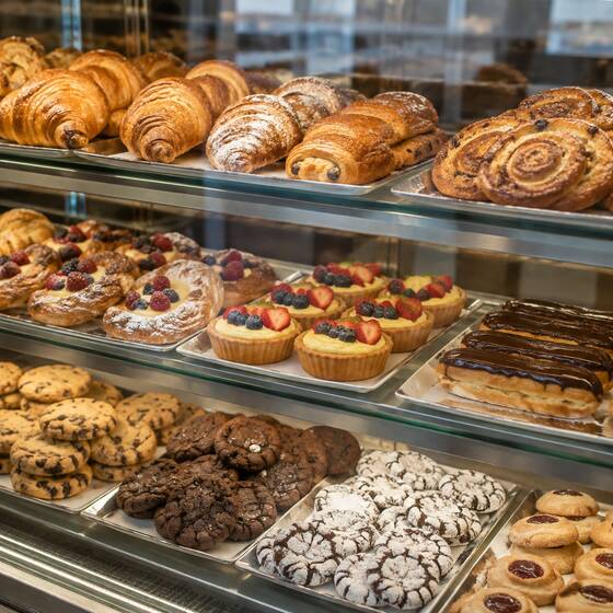 Bakery case of pastries and cookies (sample image)