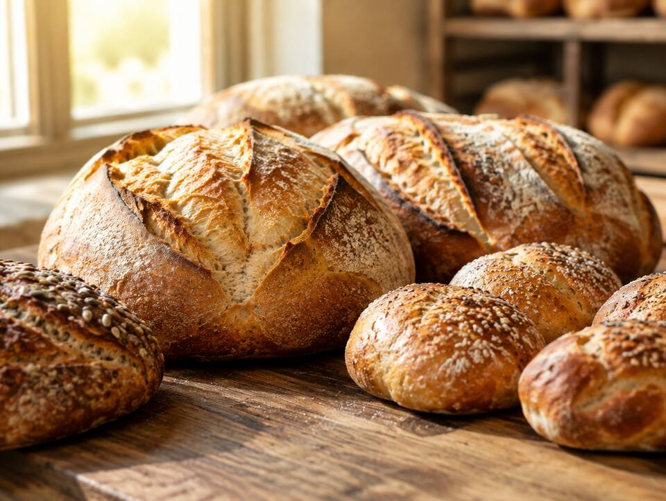 Crusty bread loaves and rolls on a wooden counter (sample image)