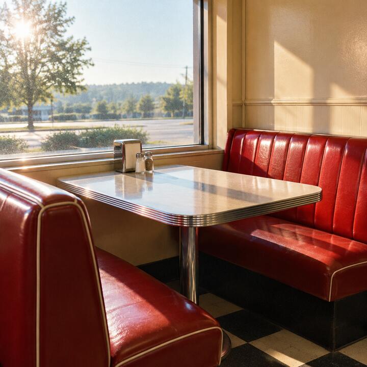 A red vinyl booth by a sunny window (AI sample photo)