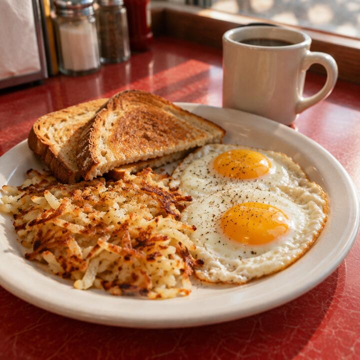Two sunny-side-up eggs with hash browns and toast (AI sample photo)