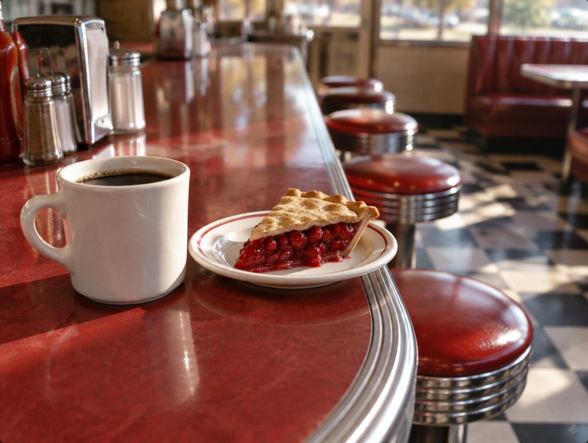 A mug of black coffee and a slice of cherry pie on a red diner counter, with chrome stools (AI sample photo)