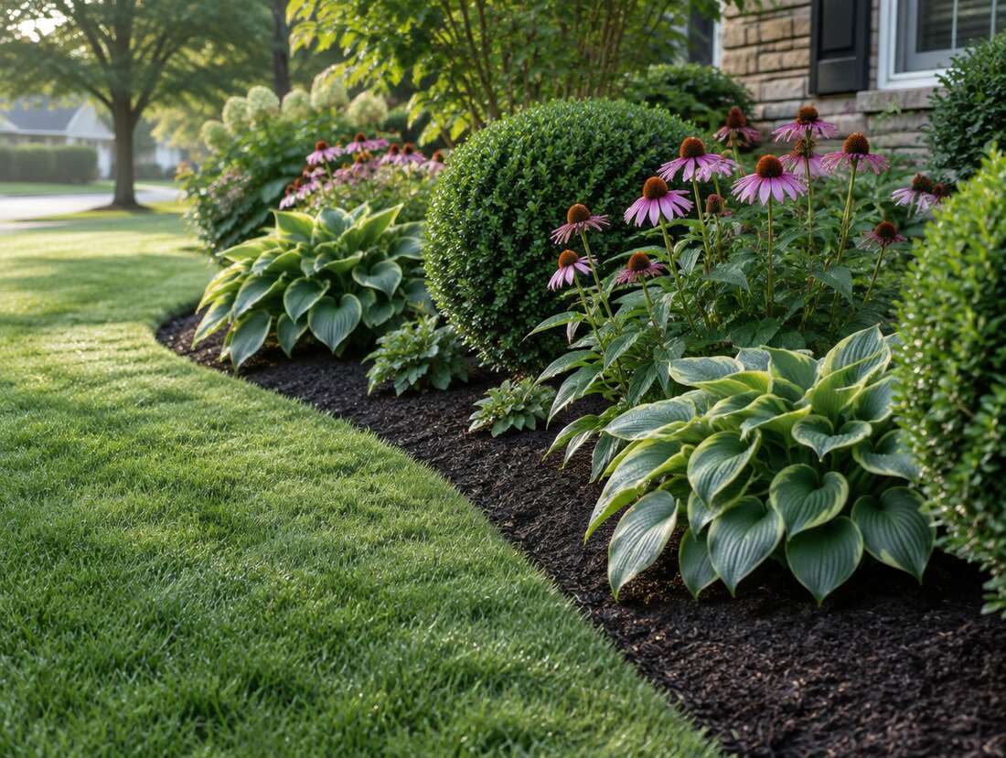 A freshly edged lawn beside a mulched bed of hostas, boxwood and coneflowers (AI sample photo)
