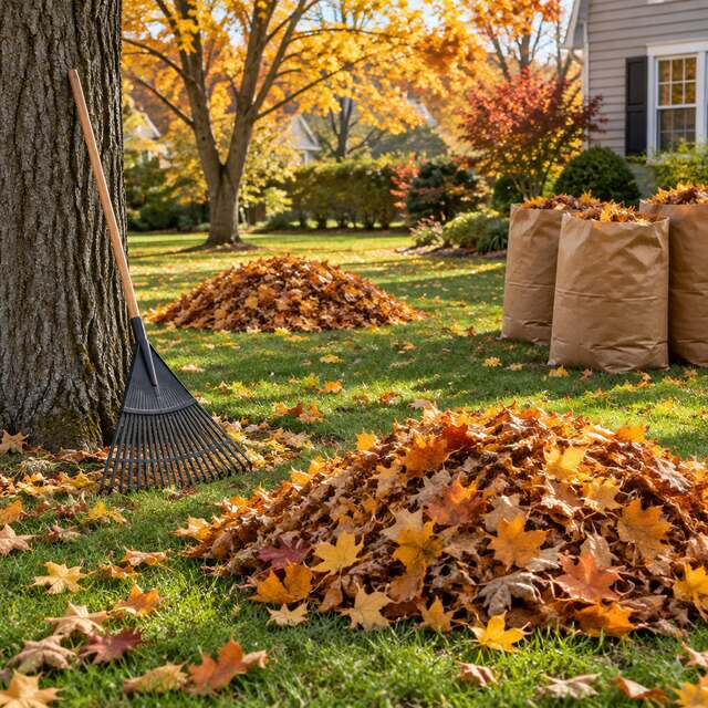 Raked leaf piles on a lawn during a fall cleanup (AI sample photo)