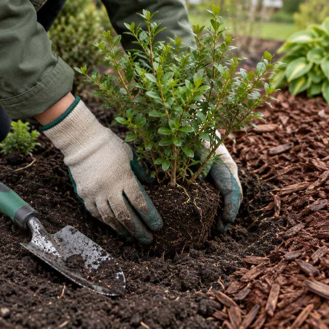 Gloved hands planting a shrub beside fresh mulch (AI sample photo)