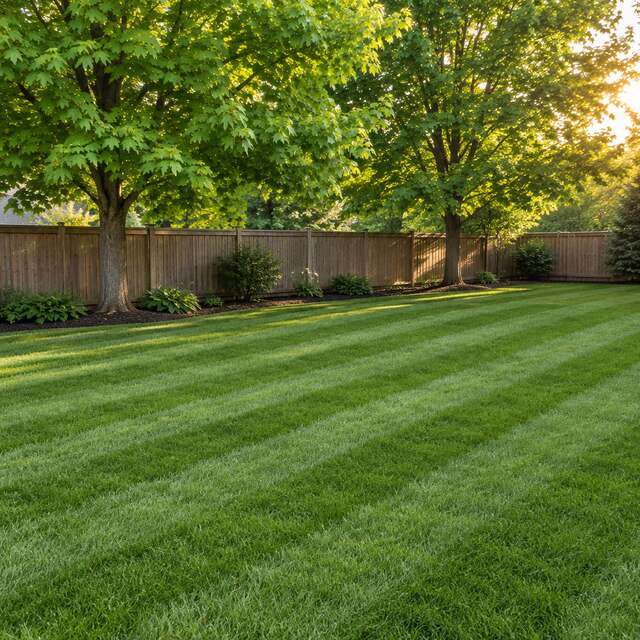A mowed backyard lawn with diagonal stripes (AI sample photo)
